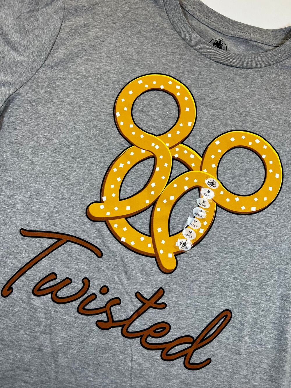 Disney Parks Mickey Mouse Pretzel Twisted Grey Adult Tee - Size Med - NWT